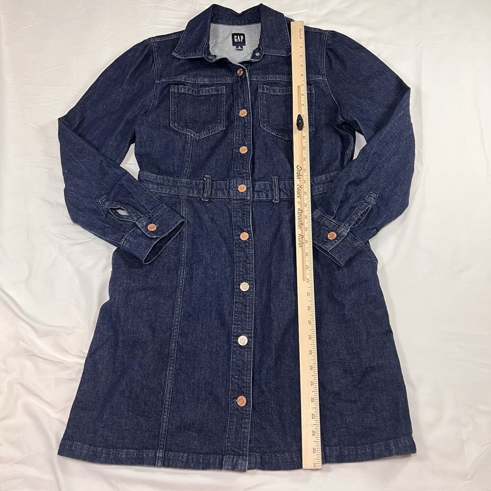 Gap Denim Dress Size M Tall Blue Dark Wash Puff Sleeves Button Pockets Western - Picture 7 of 12